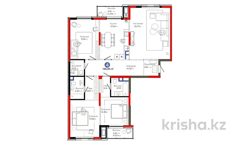 Уютная квартира 4+1 в Шымкенте, Казахстан