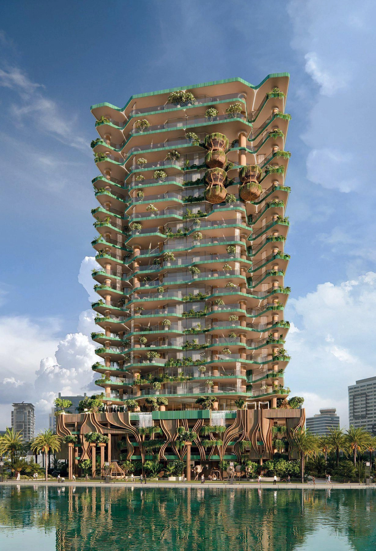 Новый жилой комплекс у канала с бассейнами, зонами для отдыха и водопадами, Бизнес Бэй, Дубай, ОАЭ